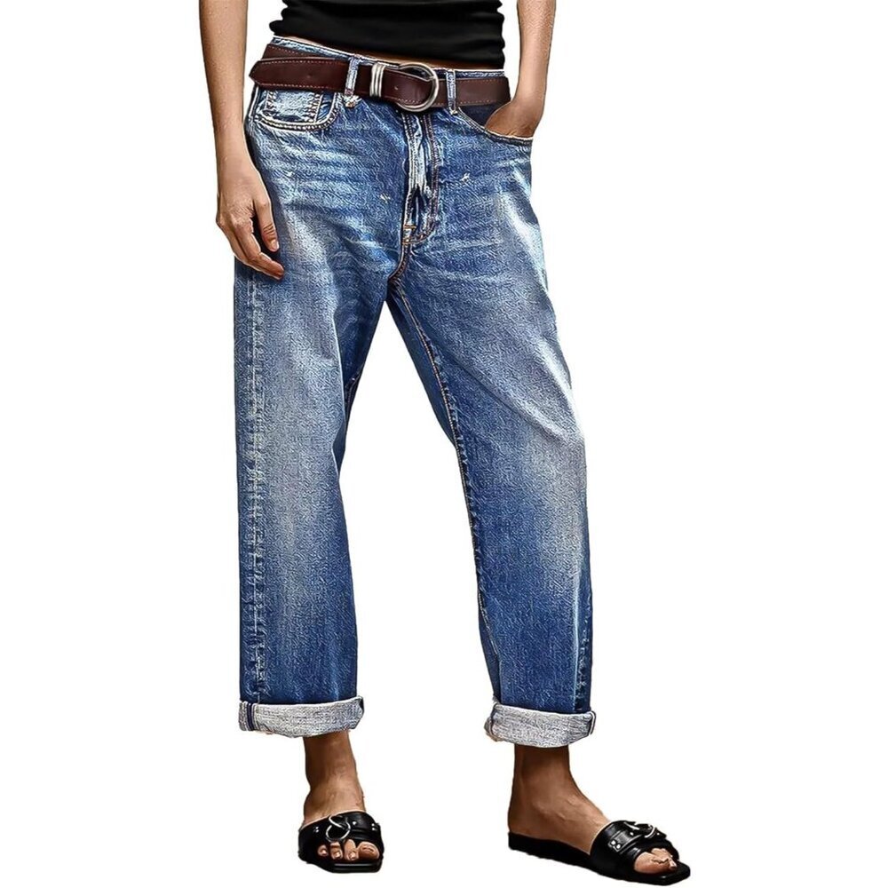 Women’s Cropped Straight Leg Jeans Mid Rise Roll Hem Classic Style Comfort